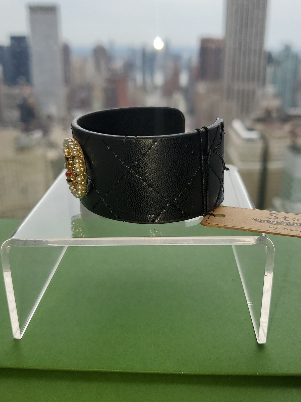 Black Quilted Leather Cuff Bracelet with Gold Pearl Bee Emblem - Picture 3 of 5
